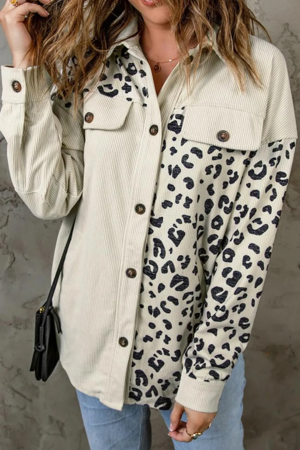 Best Dear-Lover Leopard Print Detail Pocketed Corduroy Jacket Apricot