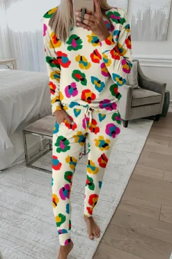 New Dear-Lover Leopard Print Long Sleeve Top and Skinny Pants Lounge Set Apricot