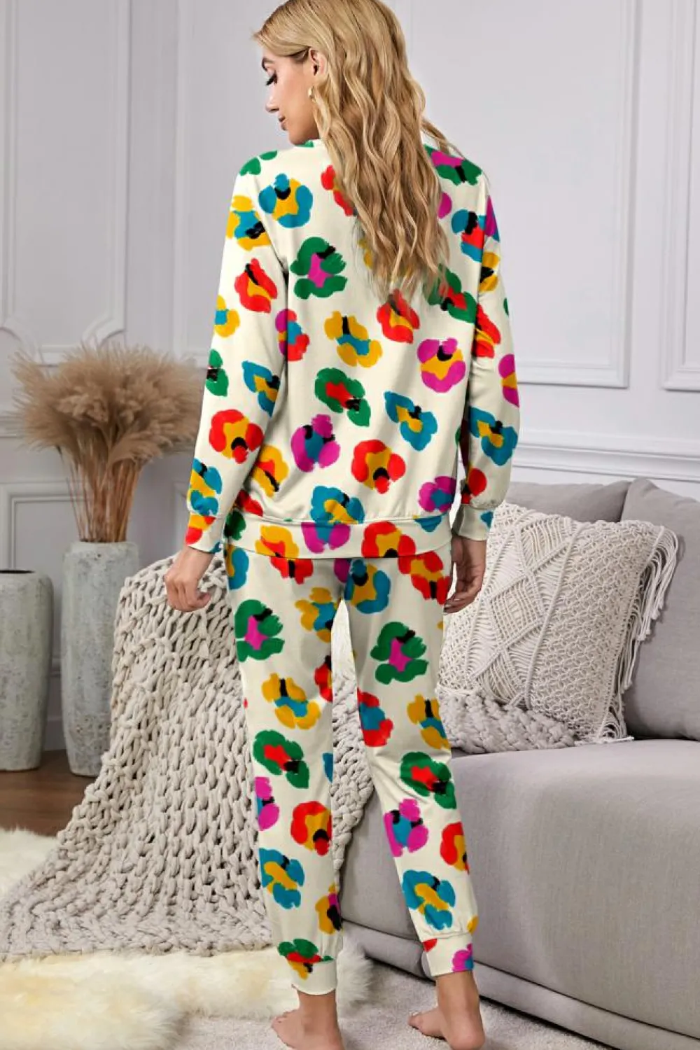 New Dear-Lover Leopard Print Long Sleeve Top and Skinny Pants Lounge Set Apricot