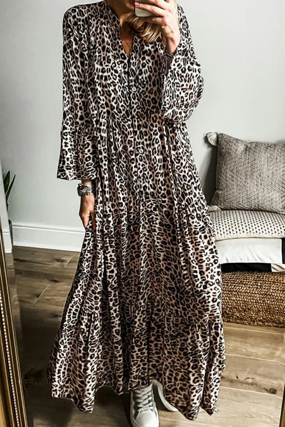 Best Dear-Lover Leopard Print Tiered Wide Sleeve Maxi Dress Apricot