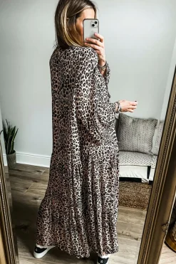 Best Dear-Lover Leopard Print Tiered Wide Sleeve Maxi Dress Apricot