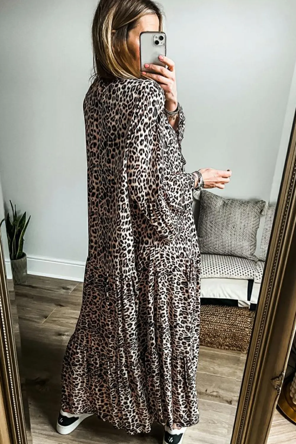 Best Dear-Lover Leopard Print Tiered Wide Sleeve Maxi Dress Apricot