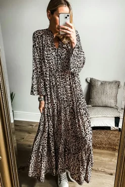 Best Dear-Lover Leopard Print Tiered Wide Sleeve Maxi Dress Apricot