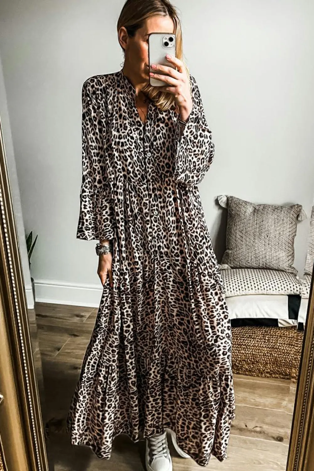 Best Dear-Lover Leopard Print Tiered Wide Sleeve Maxi Dress Apricot