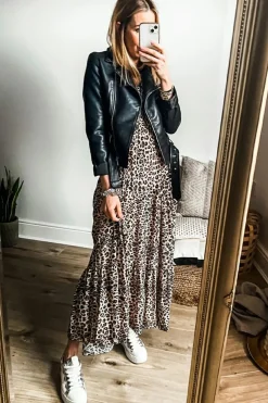 Best Dear-Lover Leopard Print Tiered Wide Sleeve Maxi Dress Apricot
