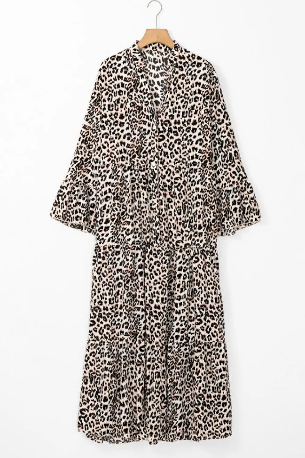 Best Dear-Lover Leopard Print Tiered Wide Sleeve Maxi Dress Apricot