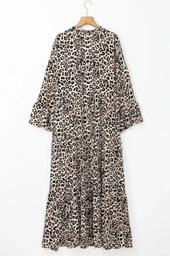 Best Dear-Lover Leopard Print Tiered Wide Sleeve Maxi Dress Apricot