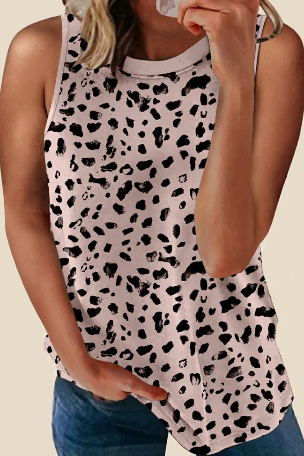 Outlet Dear-Lover Leopard Round Neck Tank Top Apricot