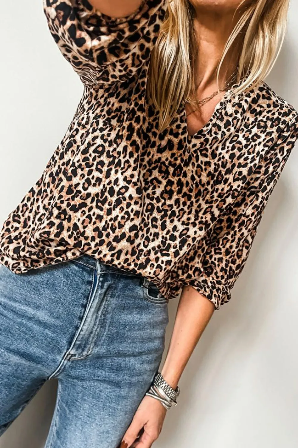 Outlet Dear-Lover Leopard V Neck Half Sleeve Blouse Apricot