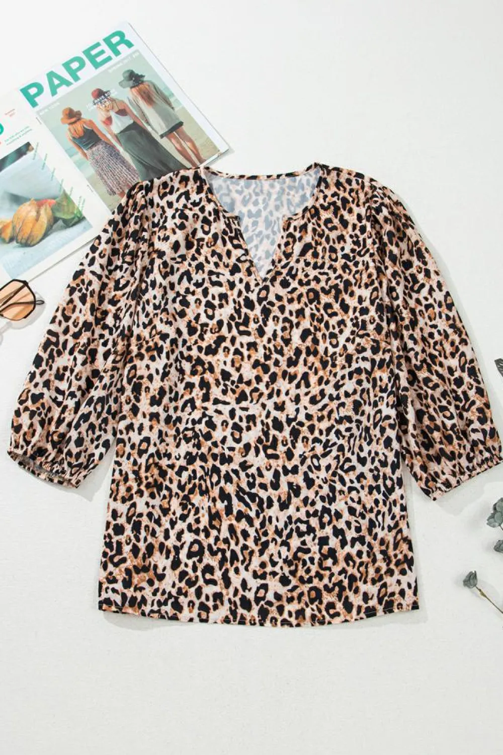 Outlet Dear-Lover Leopard V Neck Half Sleeve Blouse Apricot
