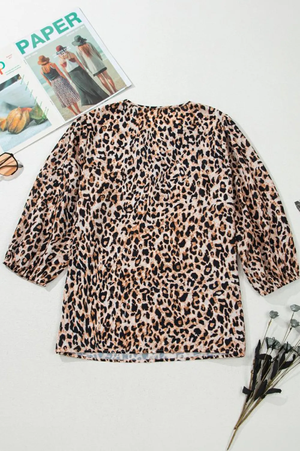 Outlet Dear-Lover Leopard V Neck Half Sleeve Blouse Apricot