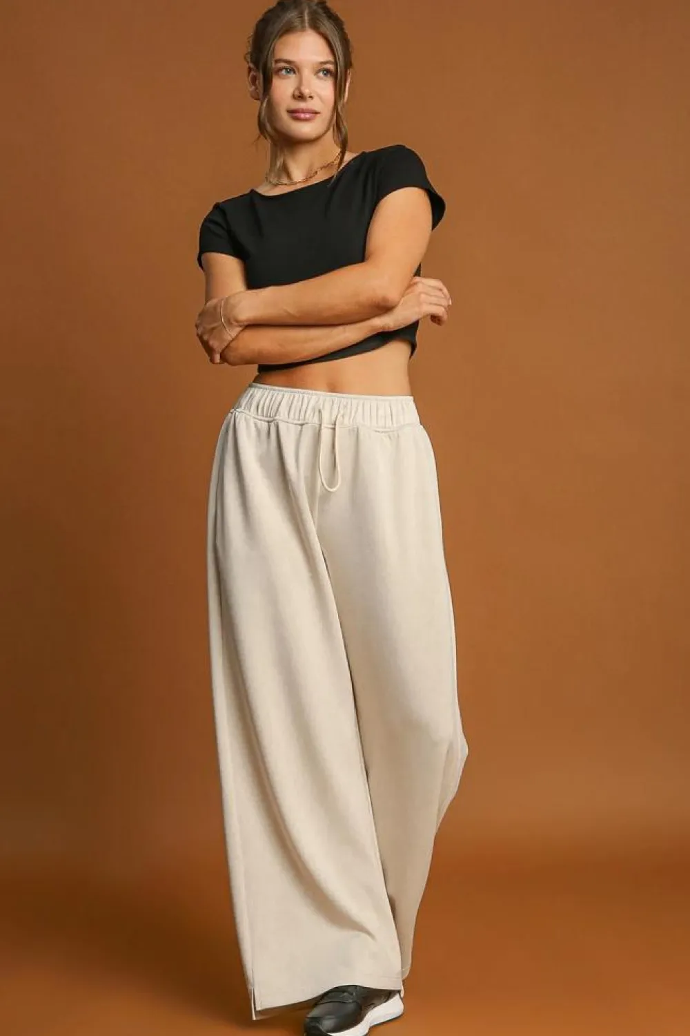 New Dear-Lover Loop Drawstring Casual Wide Leg Pants Apricot