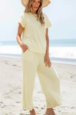 Hot Dear-Lover Metallic Lattice Textured Casual Two Piece Set Apricot