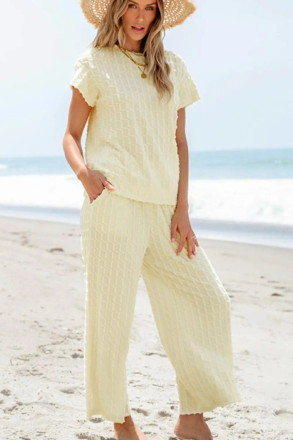Hot Dear-Lover Metallic Lattice Textured Casual Two Piece Set Apricot