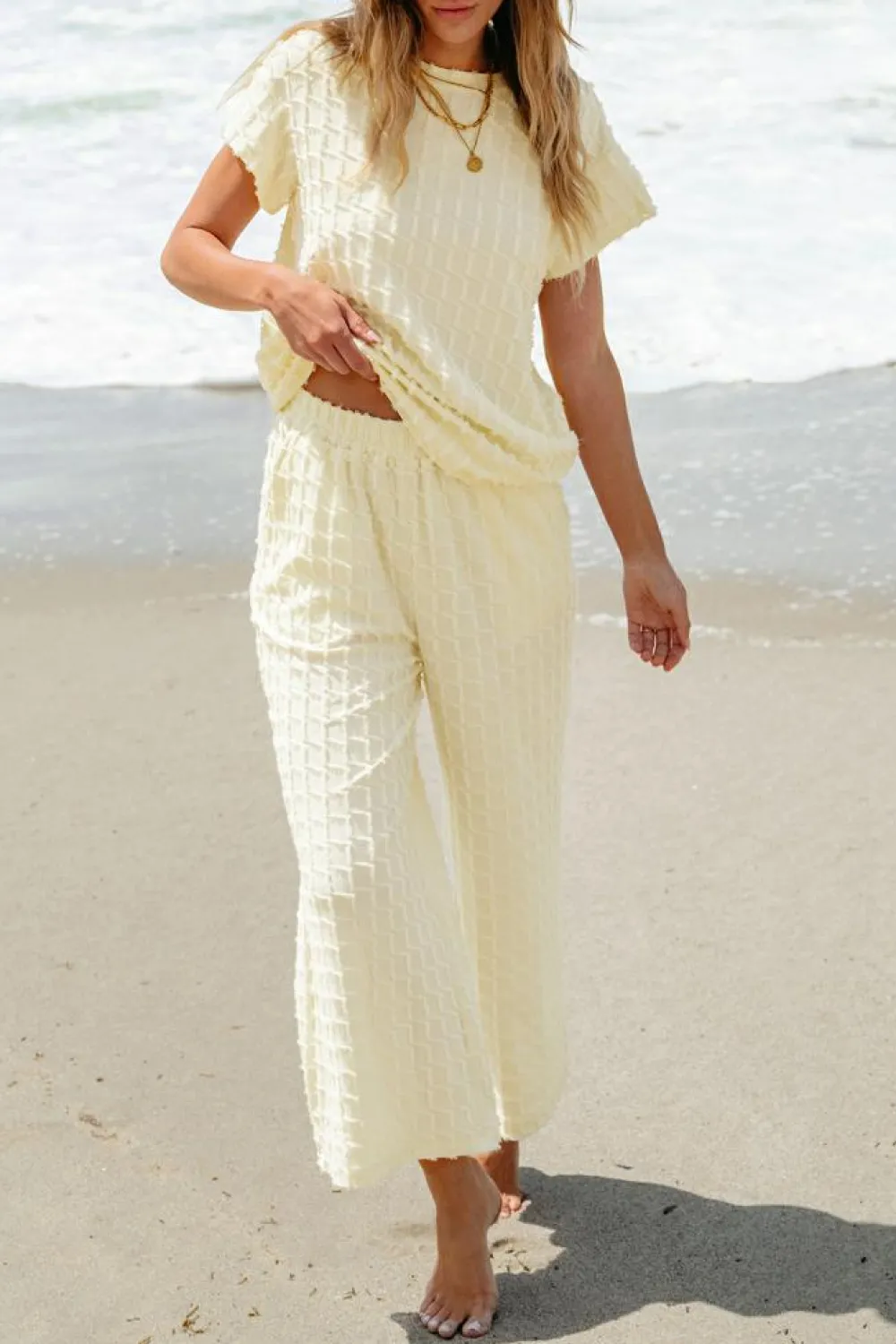 Hot Dear-Lover Metallic Lattice Textured Casual Two Piece Set Apricot