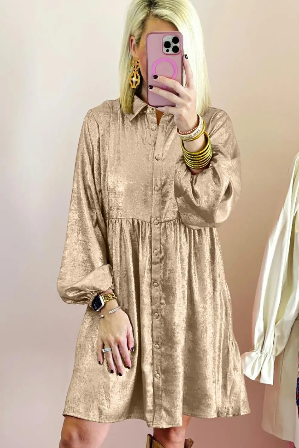 New Dear-Lover Metallic Sheen Puff Sleeve Button Up Mini Shirt Dress Apricot