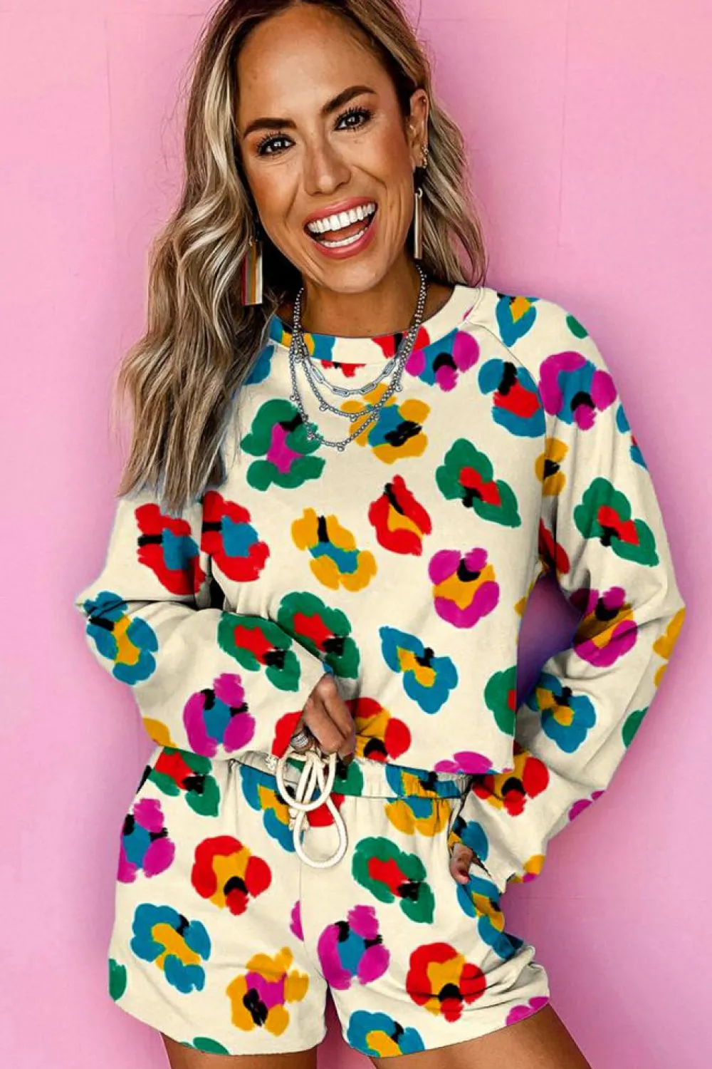 Clearance Dear-Lover Multicolor Leopard Printed Long Sleeve Top Two Piece Shorts Set Apricot