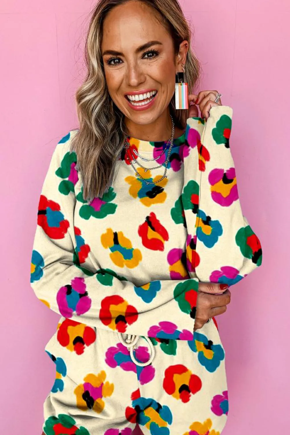 Clearance Dear-Lover Multicolor Leopard Printed Long Sleeve Top Two Piece Shorts Set Apricot