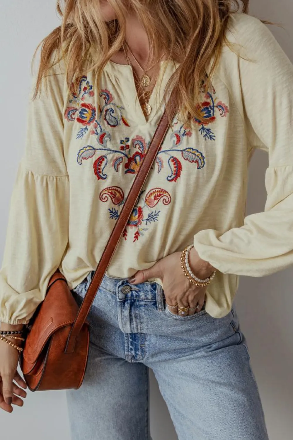 Fashion Dear-Lover Paisley Floral Embroidered Notch V Neck Blouse Apricot