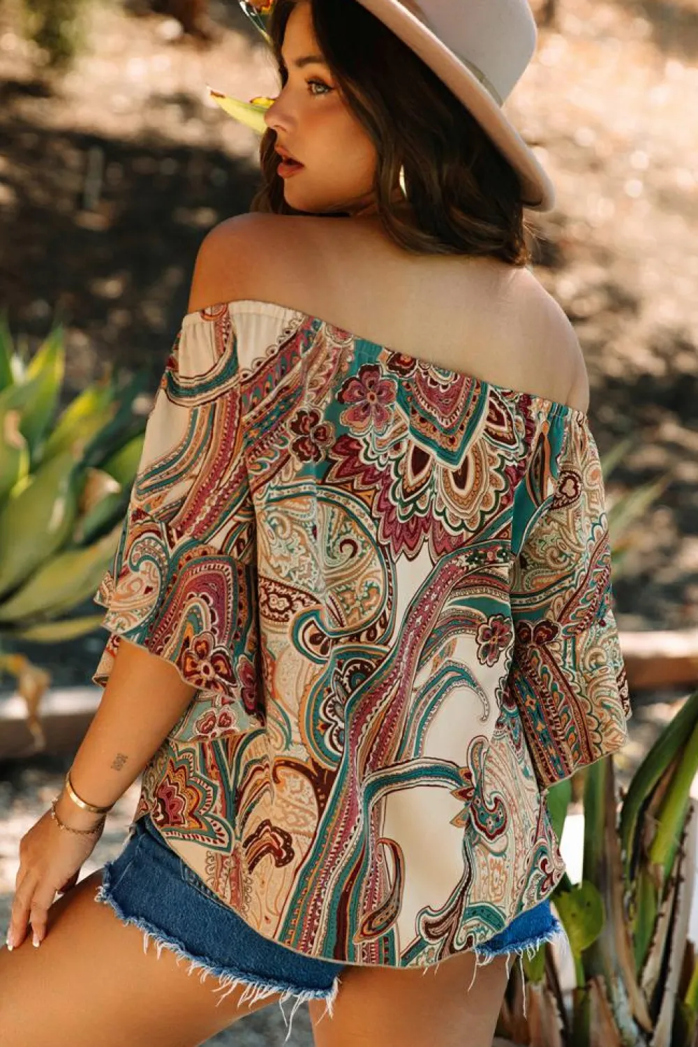 Discount Dear-Lover Paisley Printed Shirred Off Shoulder Ruffled Draped Sleeve Blouse Apricot