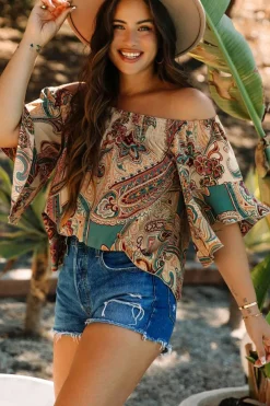 Discount Dear-Lover Paisley Printed Shirred Off Shoulder Ruffled Draped Sleeve Blouse Apricot