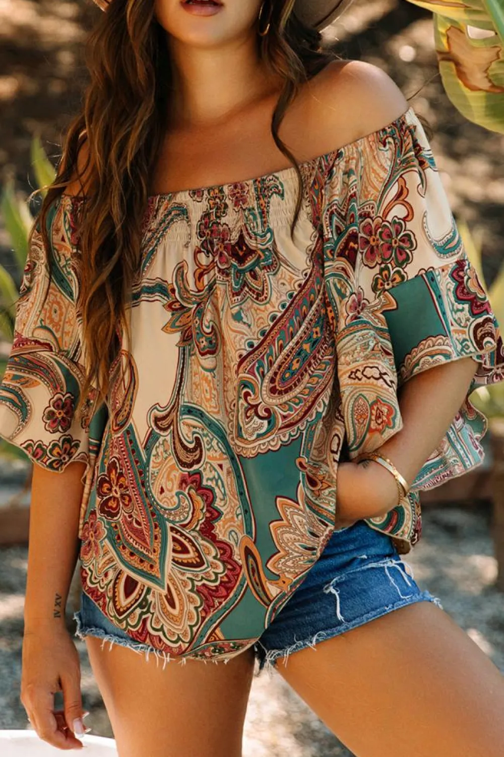 Discount Dear-Lover Paisley Printed Shirred Off Shoulder Ruffled Draped Sleeve Blouse Apricot