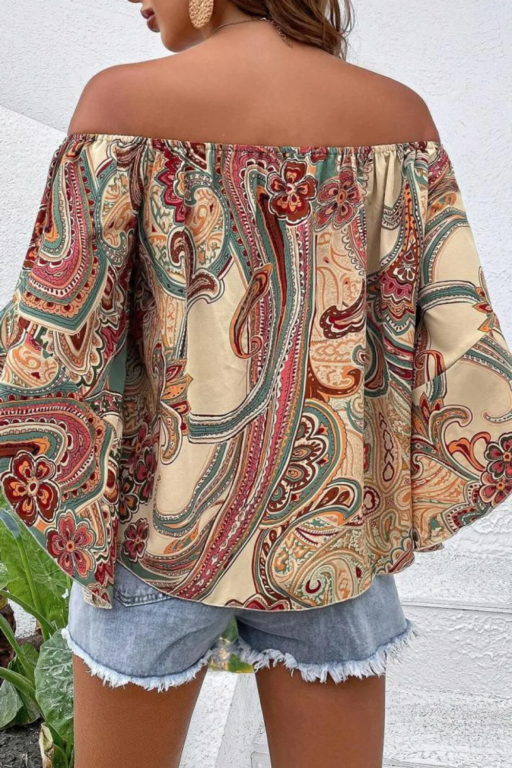 Discount Dear-Lover Paisley Printed Shirred Off Shoulder Ruffled Draped Sleeve Blouse Apricot