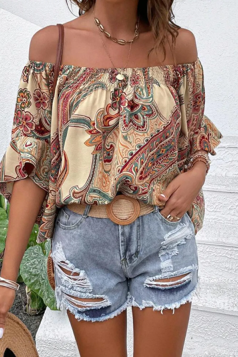 Discount Dear-Lover Paisley Printed Shirred Off Shoulder Ruffled Draped Sleeve Blouse Apricot
