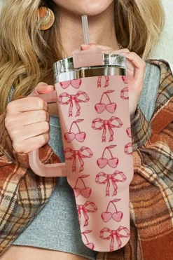 Best Dear-Lover Cherry Bowknot Stylish Large Tumbler with Handle 40oz Apricot Pink