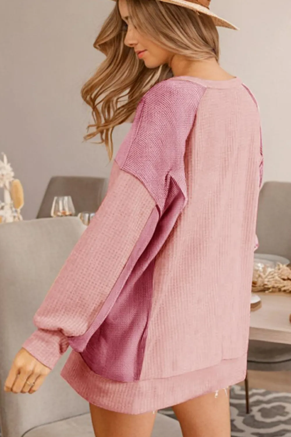 Outlet Dear-Lover Color Block Waffle High Low Raglan Sleeve Sweatshirt Apricot Pink