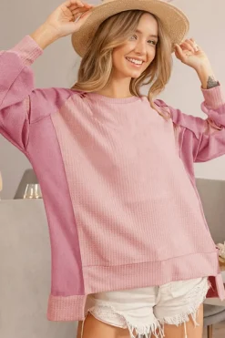 Outlet Dear-Lover Color Block Waffle High Low Raglan Sleeve Sweatshirt Apricot Pink