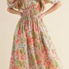 Hot Dear-Lover Floral Smocked Bust Bubble Short Sleeve Maxi Dress Apricot Pink