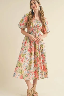 Hot Dear-Lover Floral Smocked Bust Bubble Short Sleeve Maxi Dress Apricot Pink