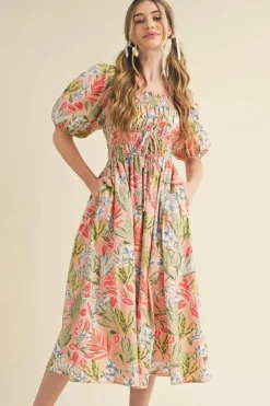 Hot Dear-Lover Floral Smocked Bust Bubble Short Sleeve Maxi Dress Apricot Pink