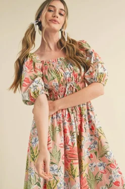 Hot Dear-Lover Floral Smocked Bust Bubble Short Sleeve Maxi Dress Apricot Pink