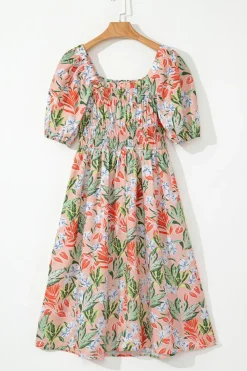 Hot Dear-Lover Floral Smocked Bust Bubble Short Sleeve Maxi Dress Apricot Pink