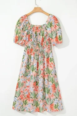 Hot Dear-Lover Floral Smocked Bust Bubble Short Sleeve Maxi Dress Apricot Pink