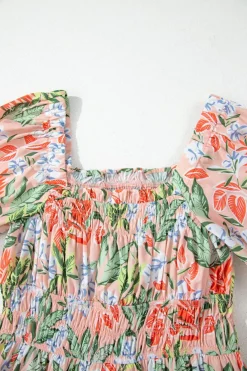 Hot Dear-Lover Floral Smocked Bust Bubble Short Sleeve Maxi Dress Apricot Pink