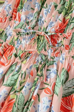 Hot Dear-Lover Floral Smocked Bust Bubble Short Sleeve Maxi Dress Apricot Pink