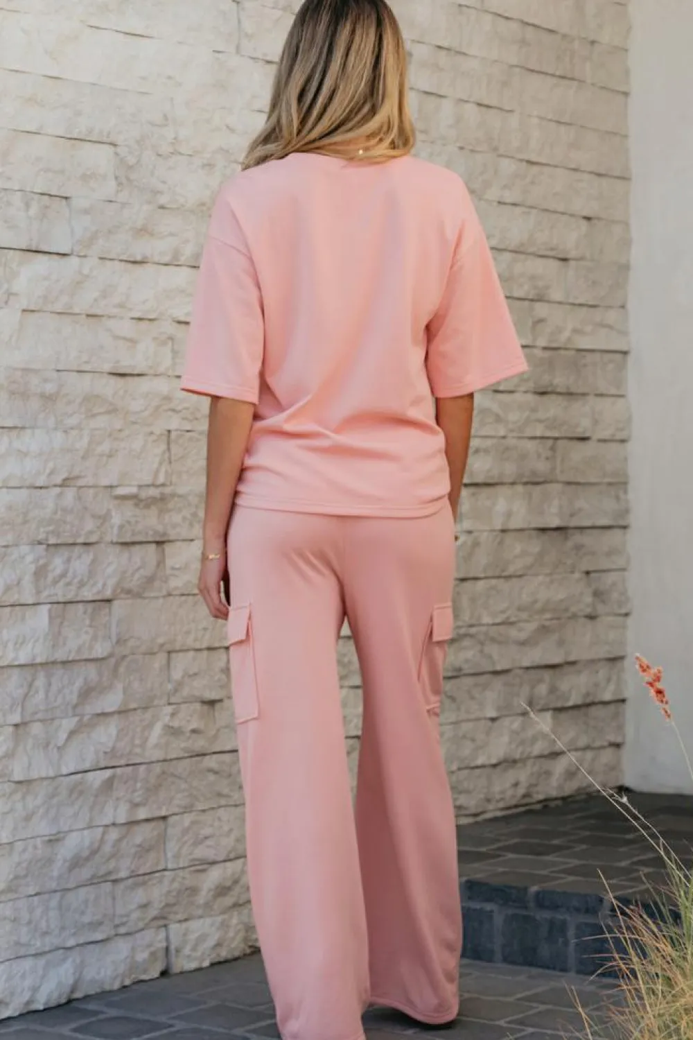 Hot Dear-Lover Half Sleeve T-Shirt & Cargo Sweatpants Set Apricot Pink