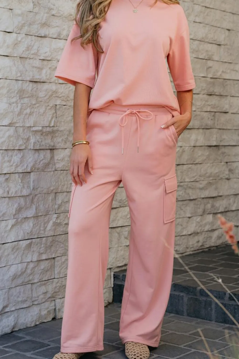 Hot Dear-Lover Half Sleeve T-Shirt & Cargo Sweatpants Set Apricot Pink