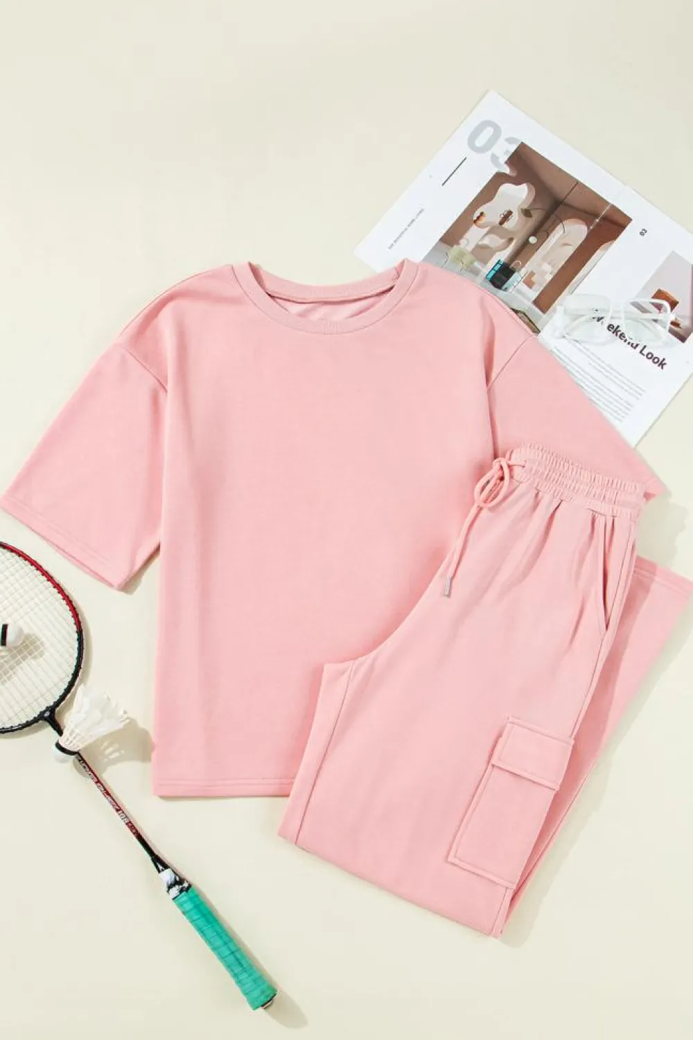 Hot Dear-Lover Half Sleeve T-Shirt & Cargo Sweatpants Set Apricot Pink