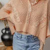Online Dear-Lover Hollowed Knit 3/4 Dolman Sleeve Buttoned Collared Sweater Apricot Pink