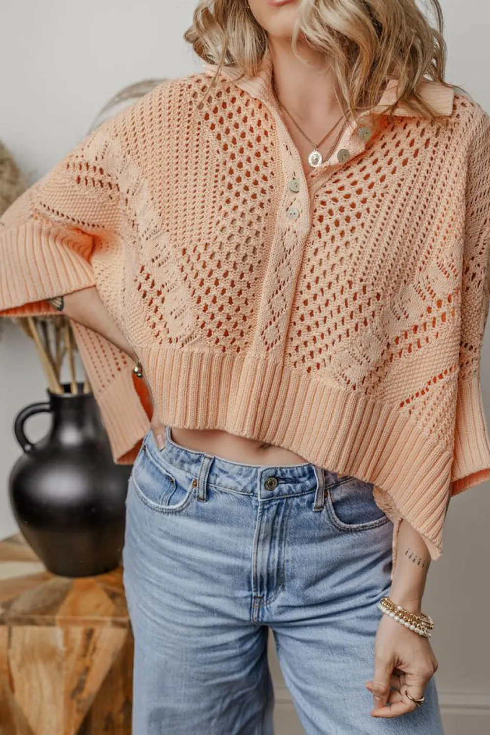 Online Dear-Lover Hollowed Knit 3/4 Dolman Sleeve Buttoned Collared Sweater Apricot Pink