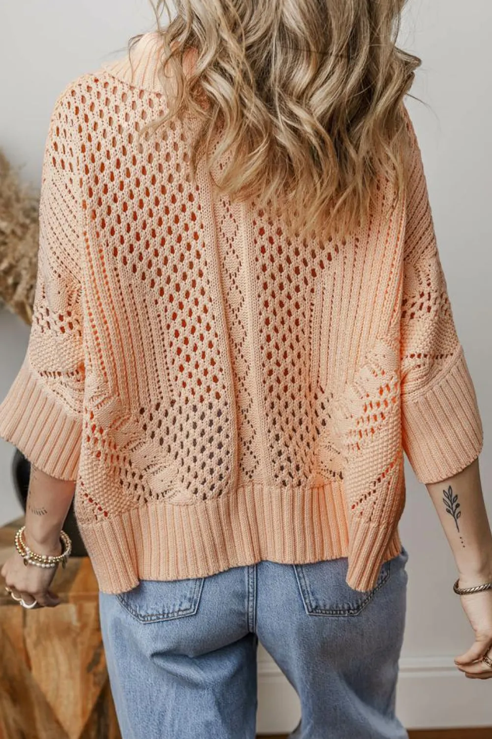 Online Dear-Lover Hollowed Knit 3/4 Dolman Sleeve Buttoned Collared Sweater Apricot Pink