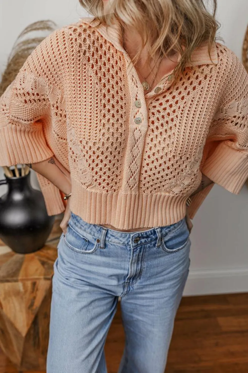 Online Dear-Lover Hollowed Knit 3/4 Dolman Sleeve Buttoned Collared Sweater Apricot Pink