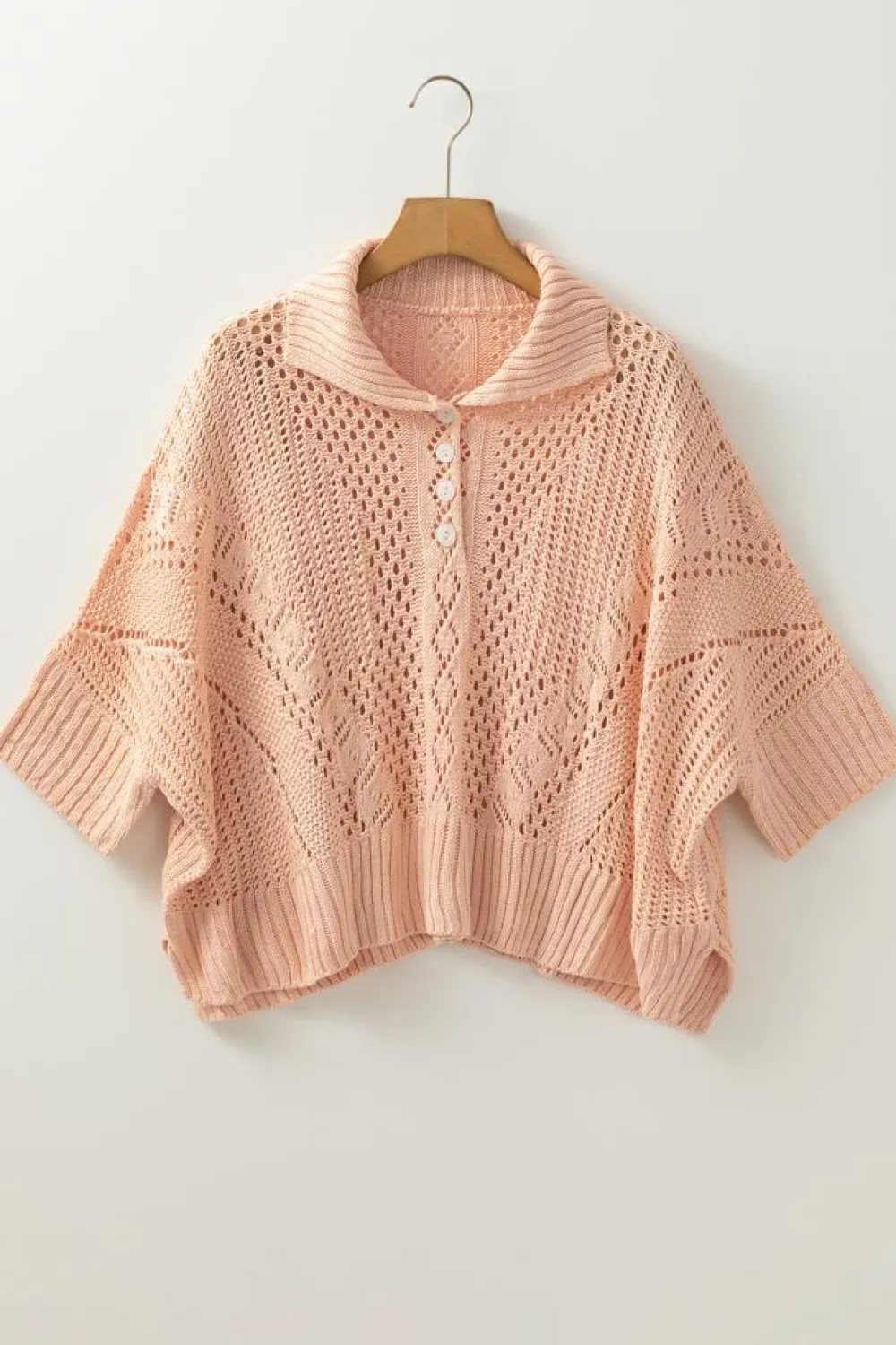 Online Dear-Lover Hollowed Knit 3/4 Dolman Sleeve Buttoned Collared Sweater Apricot Pink
