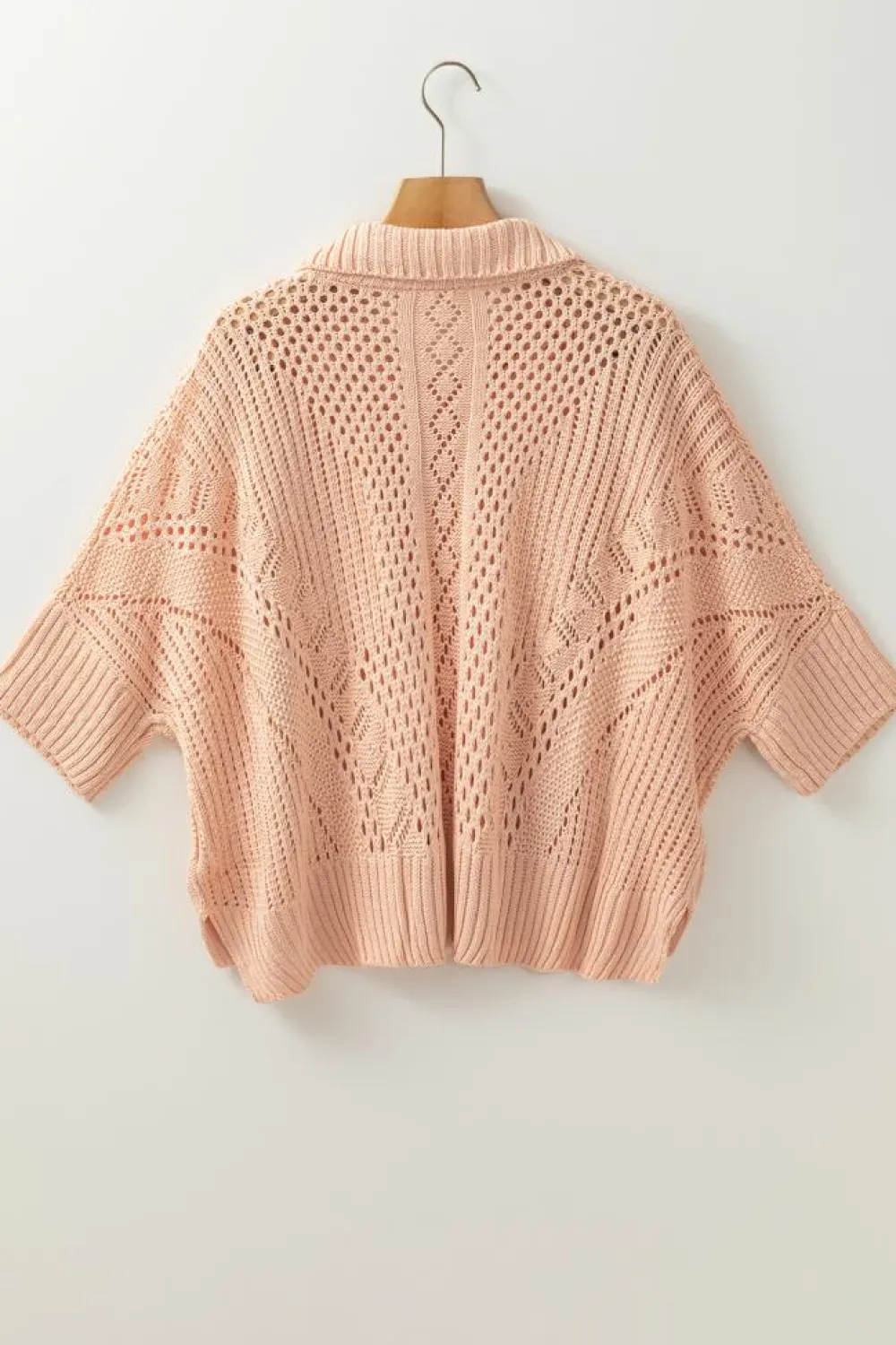 Online Dear-Lover Hollowed Knit 3/4 Dolman Sleeve Buttoned Collared Sweater Apricot Pink