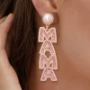 Hot Dear-Lover MAMA Rhinestone Pearl Dangle Stud Earrings Apricot Pink
