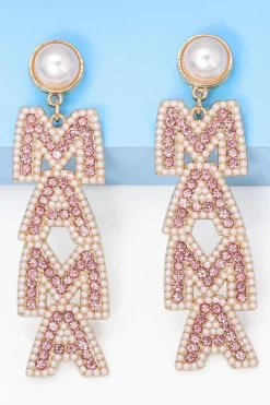 Hot Dear-Lover MAMA Rhinestone Pearl Dangle Stud Earrings Apricot Pink